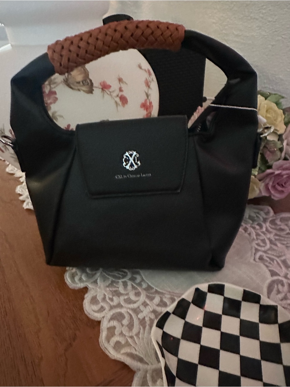Christian Lacroix Black Mini Tote with Brown Braided Handle